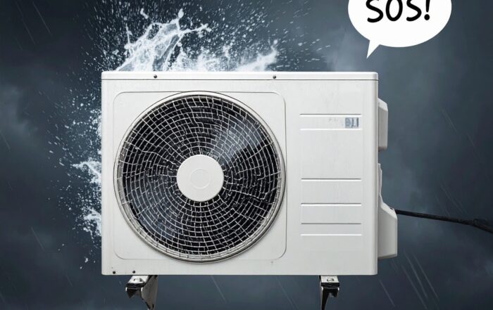 Rain-Damaged-Outdoor-AC-Unit-Portsmouth.jpg "Outdoor air conditioning unit in heavy rain in Portsmouth garden"