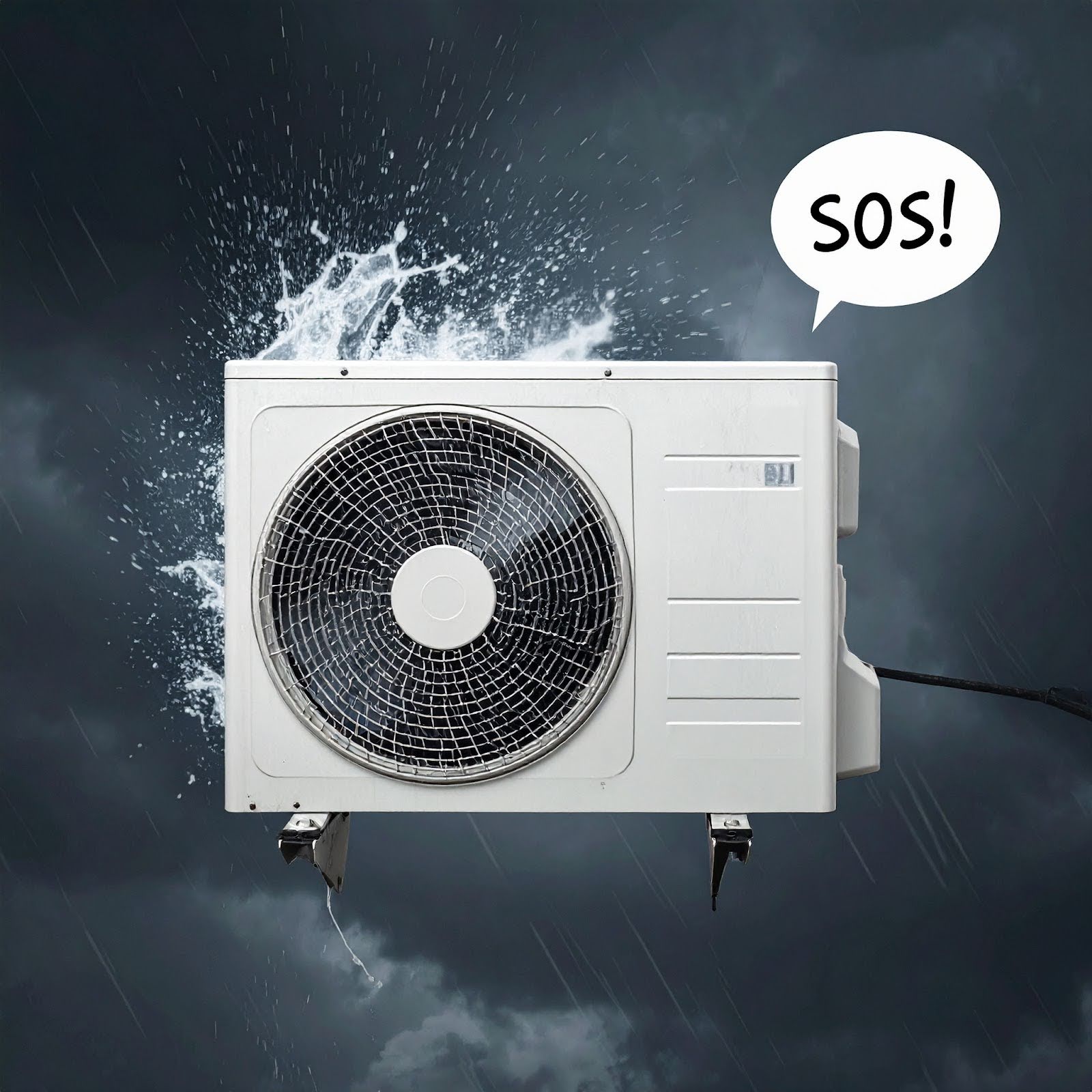 Rain-Damaged-Outdoor-AC-Unit-Portsmouth.jpg "Outdoor air conditioning unit in heavy rain in Portsmouth garden"