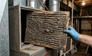 Blocked AC filter being cleaned during spring maintenance in Portsmouth | alt: Dirty air conditioning filter removed for cleaning - AC maintenance in Portsmouth