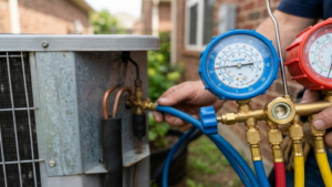 Engineer checking refrigerant levels on air conditioning unit in Portsmouth | alt: ARH Air Conditioning engineer testing refrigerant during AC maintenance in Portsmouth