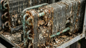 Close-up of air conditioning condenser coils during AC maintenance in Portsmouth
