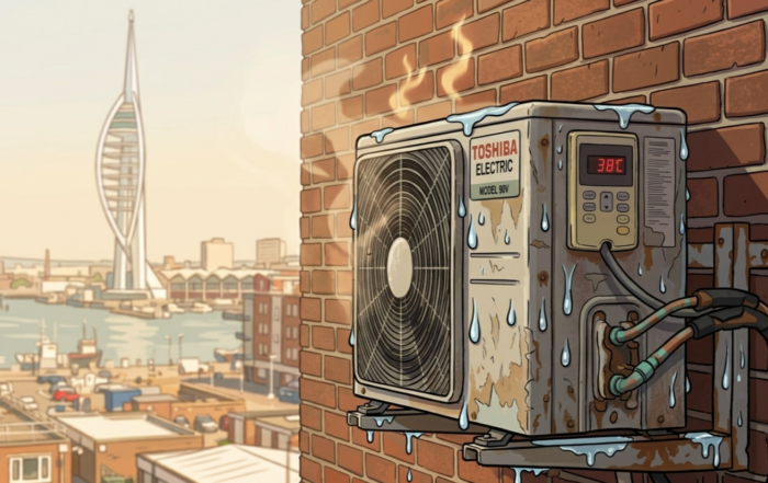 Outdoor air conditioning unit in summer heat Portsmouth