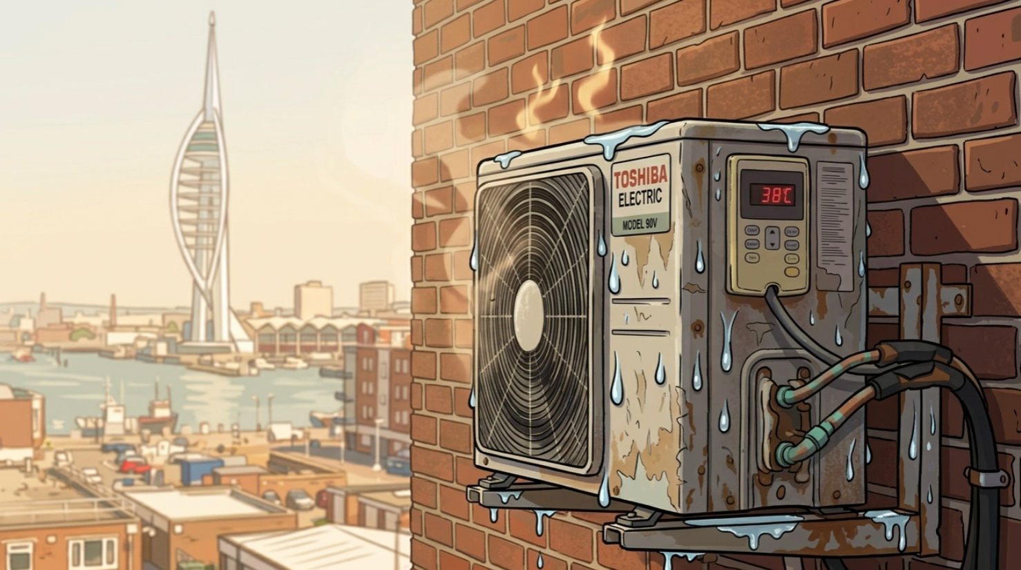 Outdoor air conditioning unit in summer heat Portsmouth